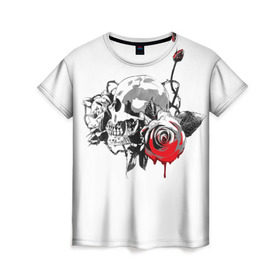 Женская футболка 3D с принтом Череп с розами в Петрозаводске, 100% полиэфир ( синтетическое хлопкоподобное полотно) | прямой крой, круглый вырез горловины, длина до линии бедер | готика | кровь | розы | череп | черно белое | шипы