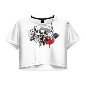 Женская футболка 3D укороченная с принтом Череп с розами в Петрозаводске, 100% полиэстер | круглая горловина, длина футболки до линии талии, рукава с отворотами | готика | кровь | розы | череп | черно белое | шипы