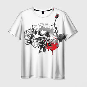 Мужская футболка 3D с принтом Череп с розами в Петрозаводске, 100% полиэфир | прямой крой, круглый вырез горловины, длина до линии бедер | Тематика изображения на принте: готика | кровь | розы | череп | черно белое | шипы