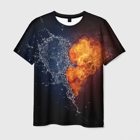 Мужская футболка 3D с принтом Water and flames heart в Петрозаводске, 100% полиэфир | прямой крой, круглый вырез горловины, длина до линии бедер | вода | огонь огонь и вода | пар | прикольное | разное | сердце