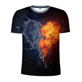 Мужская футболка 3D спортивная с принтом Water and flames heart в Петрозаводске, 100% полиэстер с улучшенными характеристиками | приталенный силуэт, круглая горловина, широкие плечи, сужается к линии бедра | Тематика изображения на принте: вода | огонь огонь и вода | пар | прикольное | разное | сердце