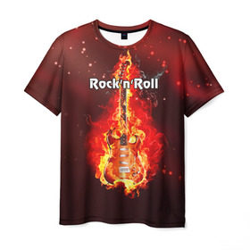Мужская футболка 3D с принтом Rock`n`Roll в Петрозаводске, 100% полиэфир | прямой крой, круглый вырез горловины, длина до линии бедер | rocknroll | гитара | музыка | рок