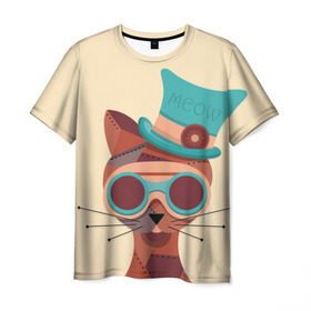 Мужская футболка 3D с принтом Steampunk Cat в Петрозаводске, 100% полиэфир | прямой крой, круглый вырез горловины, длина до линии бедер | Тематика изображения на принте: кот | коты | кошки | стимпанк