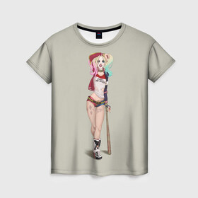 Женская футболка 3D с принтом Харли Квинн в Петрозаводске, 100% полиэфир ( синтетическое хлопкоподобное полотно) | прямой крой, круглый вырез горловины, длина до линии бедер | арлекин | бита | девушка | комикс | харли квинн