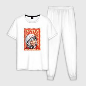 Мужская пижама хлопок с принтом Гагарин в Петрозаводске, 100% хлопок | брюки и футболка прямого кроя, без карманов, на брюках мягкая резинка на поясе и по низу штанин
 | gagarin | гагарин | космонавт | космос | ракета | ссср