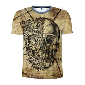 Мужская футболка 3D спортивная с принтом Skull & Chains в Петрозаводске, 100% полиэстер с улучшенными характеристиками | приталенный силуэт, круглая горловина, широкие плечи, сужается к линии бедра | красивый | крутой | рисунок | узор | цепи | череп