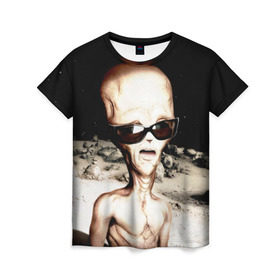 Женская футболка 3D с принтом Пришелец в Петрозаводске, 100% полиэфир ( синтетическое хлопкоподобное полотно) | прямой крой, круглый вырез горловины, длина до линии бедер | инопланетянин | космос | очки | пришелец