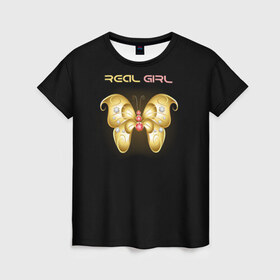 Женская футболка 3D с принтом Real girl в Петрозаводске, 100% полиэфир ( синтетическое хлопкоподобное полотно) | прямой крой, круглый вырез горловины, длина до линии бедер | girl | бабочка | бриллианты | девушка