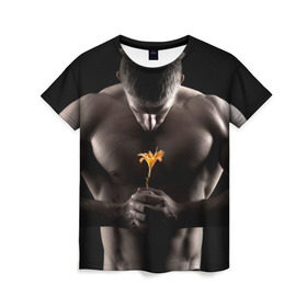 Женская футболка 3D с принтом Цветок в Петрозаводске, 100% полиэфир ( синтетическое хлопкоподобное полотно) | прямой крой, круглый вырез горловины, длина до линии бедер | культурист | мужчина | мышцы | парень | подарок | спортсмен | цветок