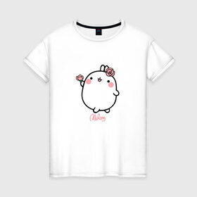 Женская футболка хлопок с принтом Кролик Моланг (цветы) в Петрозаводске, 100% хлопок | прямой крой, круглый вырез горловины, длина до линии бедер, слегка спущенное плечо | molang | каваи | кролик | моланг | няша | цветы