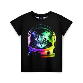 Детская футболка 3D с принтом Кот космонавт в Петрозаводске, 100% гипоаллергенный полиэфир | прямой крой, круглый вырез горловины, длина до линии бедер, чуть спущенное плечо, ткань немного тянется | астронавт | звезды | космокот | космонавт | космос | кот | радуга