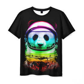 Мужская футболка 3D с принтом Панда космонавт в Петрозаводске, 100% полиэфир | прямой крой, круглый вырез горловины, длина до линии бедер | астронавт | звезды | космонавт | космос | панда | радуга