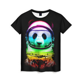 Женская футболка 3D с принтом Панда космонавт в Петрозаводске, 100% полиэфир ( синтетическое хлопкоподобное полотно) | прямой крой, круглый вырез горловины, длина до линии бедер | астронавт | звезды | космонавт | космос | панда | радуга