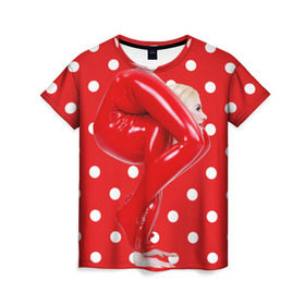 Женская футболка 3D с принтом Гибкость в Петрозаводске, 100% полиэфир ( синтетическое хлопкоподобное полотно) | прямой крой, круглый вырез горловины, длина до линии бедер | белый | германия | гибкость | горошек | девушка | красный | латекс | юлия гюнтель