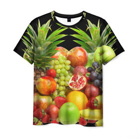 Мужская футболка 3D с принтом Фрукты в Петрозаводске, 100% полиэфир | прямой крой, круглый вырез горловины, длина до линии бедер | Тематика изображения на принте: ананас | апельсин | арбуз | банан | виноград | гранат | груша | клубника | фрукты | яблоко | ягоды