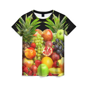 Женская футболка 3D с принтом Фрукты в Петрозаводске, 100% полиэфир ( синтетическое хлопкоподобное полотно) | прямой крой, круглый вырез горловины, длина до линии бедер | ананас | апельсин | арбуз | банан | виноград | гранат | груша | клубника | фрукты | яблоко | ягоды
