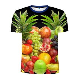 Мужская футболка 3D спортивная с принтом Фрукты в Петрозаводске, 100% полиэстер с улучшенными характеристиками | приталенный силуэт, круглая горловина, широкие плечи, сужается к линии бедра | Тематика изображения на принте: ананас | апельсин | арбуз | банан | виноград | гранат | груша | клубника | фрукты | яблоко | ягоды