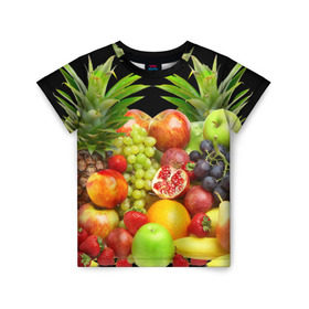 Детская футболка 3D с принтом Фрукты в Петрозаводске, 100% гипоаллергенный полиэфир | прямой крой, круглый вырез горловины, длина до линии бедер, чуть спущенное плечо, ткань немного тянется | ананас | апельсин | арбуз | банан | виноград | гранат | груша | клубника | фрукты | яблоко | ягоды