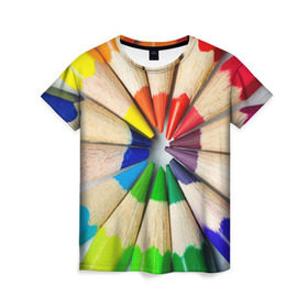 Женская футболка 3D с принтом Карандаши в Петрозаводске, 100% полиэфир ( синтетическое хлопкоподобное полотно) | прямой крой, круглый вырез горловины, длина до линии бедер | карандаш | радуга | разноцветная | цветная