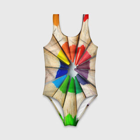 Детский купальник 3D с принтом Карандаши в Петрозаводске, Полиэстер 85%, Спандекс 15% | Слитный крой, подклад по переду изделия, узкие бретели | Тематика изображения на принте: карандаш | радуга | разноцветная | цветная