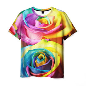 Мужская футболка 3D с принтом Радужная роза в Петрозаводске, 100% полиэфир | прямой крой, круглый вырез горловины, длина до линии бедер | Тематика изображения на принте: бутон | лепестки | радуга | радужная роза | спектр | цвет | цветные | яркий