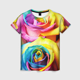 Женская футболка 3D с принтом Радужная роза в Петрозаводске, 100% полиэфир ( синтетическое хлопкоподобное полотно) | прямой крой, круглый вырез горловины, длина до линии бедер | бутон | лепестки | радуга | радужная роза | спектр | цвет | цветные | яркий