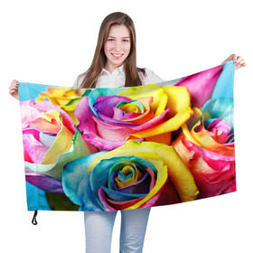 Флаг 3D с принтом Радужная роза в Петрозаводске, 100% полиэстер | плотность ткани — 95 г/м2, размер — 67 х 109 см. Принт наносится с одной стороны | бутон | лепестки | радуга | радужная роза | спектр | цвет | цветные | яркий