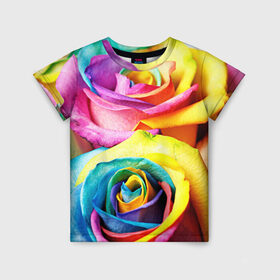 Детская футболка 3D с принтом Радужная роза в Петрозаводске, 100% гипоаллергенный полиэфир | прямой крой, круглый вырез горловины, длина до линии бедер, чуть спущенное плечо, ткань немного тянется | Тематика изображения на принте: бутон | лепестки | радуга | радужная роза | спектр | цвет | цветные | яркий