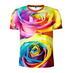 Мужская футболка 3D спортивная с принтом Радужная роза в Петрозаводске, 100% полиэстер с улучшенными характеристиками | приталенный силуэт, круглая горловина, широкие плечи, сужается к линии бедра | бутон | лепестки | радуга | радужная роза | спектр | цвет | цветные | яркий