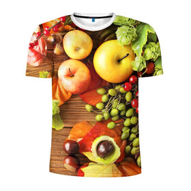 Мужская футболка 3D спортивная с принтом Фрукты в Петрозаводске, 100% полиэстер с улучшенными характеристиками | приталенный силуэт, круглая горловина, широкие плечи, сужается к линии бедра | Тематика изображения на принте: зелень | натюрморт | плоды | фрукты | яблоки | ягоды