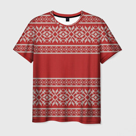 Мужская футболка 3D с принтом Вязанный принт в Петрозаводске, 100% полиэфир | прямой крой, круглый вырез горловины, длина до линии бедер | вышивка | красная | свитер | узор