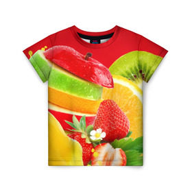 Детская футболка 3D с принтом Фрукты в Петрозаводске, 100% гипоаллергенный полиэфир | прямой крой, круглый вырез горловины, длина до линии бедер, чуть спущенное плечо, ткань немного тянется | fresh | апедьсин | киви | клубника | пузыри | сок | фреш | фрукты | яблоко | ягоды