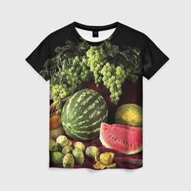 Женская футболка 3D с принтом Арбуз в Петрозаводске, 100% полиэфир ( синтетическое хлопкоподобное полотно) | прямой крой, круглый вырез горловины, длина до линии бедер | арбуз | виноград | каштан | натюрморт | плоды | ягоды