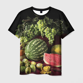 Мужская футболка 3D с принтом Арбуз в Петрозаводске, 100% полиэфир | прямой крой, круглый вырез горловины, длина до линии бедер | Тематика изображения на принте: арбуз | виноград | каштан | натюрморт | плоды | ягоды