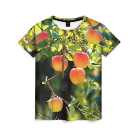 Женская футболка 3D с принтом Яблоки в Петрозаводске, 100% полиэфир ( синтетическое хлопкоподобное полотно) | прямой крой, круглый вырез горловины, длина до линии бедер | дерево | зелень | красные | сад