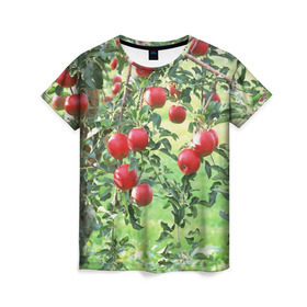 Женская футболка 3D с принтом Яблоки в Петрозаводске, 100% полиэфир ( синтетическое хлопкоподобное полотно) | прямой крой, круглый вырез горловины, длина до линии бедер | дерево | зелень | красные | сад | яблоки