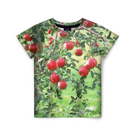 Детская футболка 3D с принтом Яблоки в Петрозаводске, 100% гипоаллергенный полиэфир | прямой крой, круглый вырез горловины, длина до линии бедер, чуть спущенное плечо, ткань немного тянется | дерево | зелень | красные | сад | яблоки