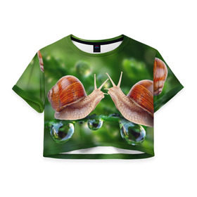 Женская футболка 3D укороченная с принтом Улитки в Петрозаводске, 100% полиэстер | круглая горловина, длина футболки до линии талии, рукава с отворотами | зеленая | любовь | природа | улитка