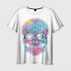 Мужская футболка 3D с принтом Цветной череп с узорами в Петрозаводске, 100% полиэфир | прямой крой, круглый вырез горловины, длина до линии бедер | кости | скелет | узор | цветной | череп