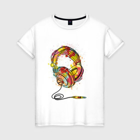 Женская футболка хлопок с принтом Цветные наушники в Петрозаводске, 100% хлопок | прямой крой, круглый вырез горловины, длина до линии бедер, слегка спущенное плечо | 