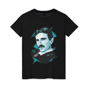 Женская футболка хлопок с принтом Тесла в Петрозаводске, 100% хлопок | прямой крой, круглый вырез горловины, длина до линии бедер, слегка спущенное плечо | графика | никола тесла | портрет | электричество