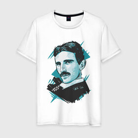 Мужская футболка хлопок с принтом Тесла в Петрозаводске, 100% хлопок | прямой крой, круглый вырез горловины, длина до линии бедер, слегка спущенное плечо. | графика | никола тесла | портрет | электричество