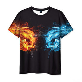 Мужская футболка 3D с принтом Лёд и пламя в Петрозаводске, 100% полиэфир | прямой крой, круглый вырез горловины, длина до линии бедер | Тематика изображения на принте: вода | красный | лёд и пламя | огонь | руки | синий | столкновение | удар