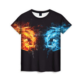Женская футболка 3D с принтом Лёд и пламя в Петрозаводске, 100% полиэфир ( синтетическое хлопкоподобное полотно) | прямой крой, круглый вырез горловины, длина до линии бедер | вода | красный | лёд и пламя | огонь | руки | синий | столкновение | удар
