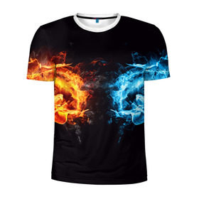 Мужская футболка 3D спортивная с принтом Лёд и пламя в Петрозаводске, 100% полиэстер с улучшенными характеристиками | приталенный силуэт, круглая горловина, широкие плечи, сужается к линии бедра | вода | красный | лёд и пламя | огонь | руки | синий | столкновение | удар
