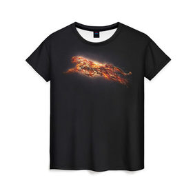 Женская футболка 3D с принтом Ягуар в Петрозаводске, 100% полиэфир ( синтетическое хлопкоподобное полотно) | прямой крой, круглый вырез горловины, длина до линии бедер | бег | желтый | кот | кошка | красный | огненный | прыжок | свет | светящийся | темный | черный | ягуар | яркое