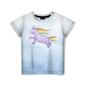 Детская футболка 3D с принтом Единорожка в Петрозаводске, 100% гипоаллергенный полиэфир | прямой крой, круглый вырез горловины, длина до линии бедер, чуть спущенное плечо, ткань немного тянется | единорог | лошадь | радость | радуга