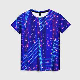 Женская футболка 3D с принтом Огоньки в Петрозаводске, 100% полиэфир ( синтетическое хлопкоподобное полотно) | прямой крой, круглый вырез горловины, длина до линии бедер | арт | огоньки | прикольные | свет | синий | текстуры