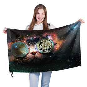 Флаг 3D с принтом Гагарин 3 в Петрозаводске, 100% полиэстер | плотность ткани — 95 г/м2, размер — 67 х 109 см. Принт наносится с одной стороны | 12 апреля | гагарин | день космонавтики | космонавт | космонавтика | космос | юра | юрий