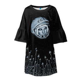 Детское платье 3D с принтом Гагарин 7 в Петрозаводске, 100% полиэстер | прямой силуэт, чуть расширенный к низу. Круглая горловина, на рукавах — воланы | 12 апреля | гагарин | день космонавтики | космонавт | космонавтика | космос | юра | юрий